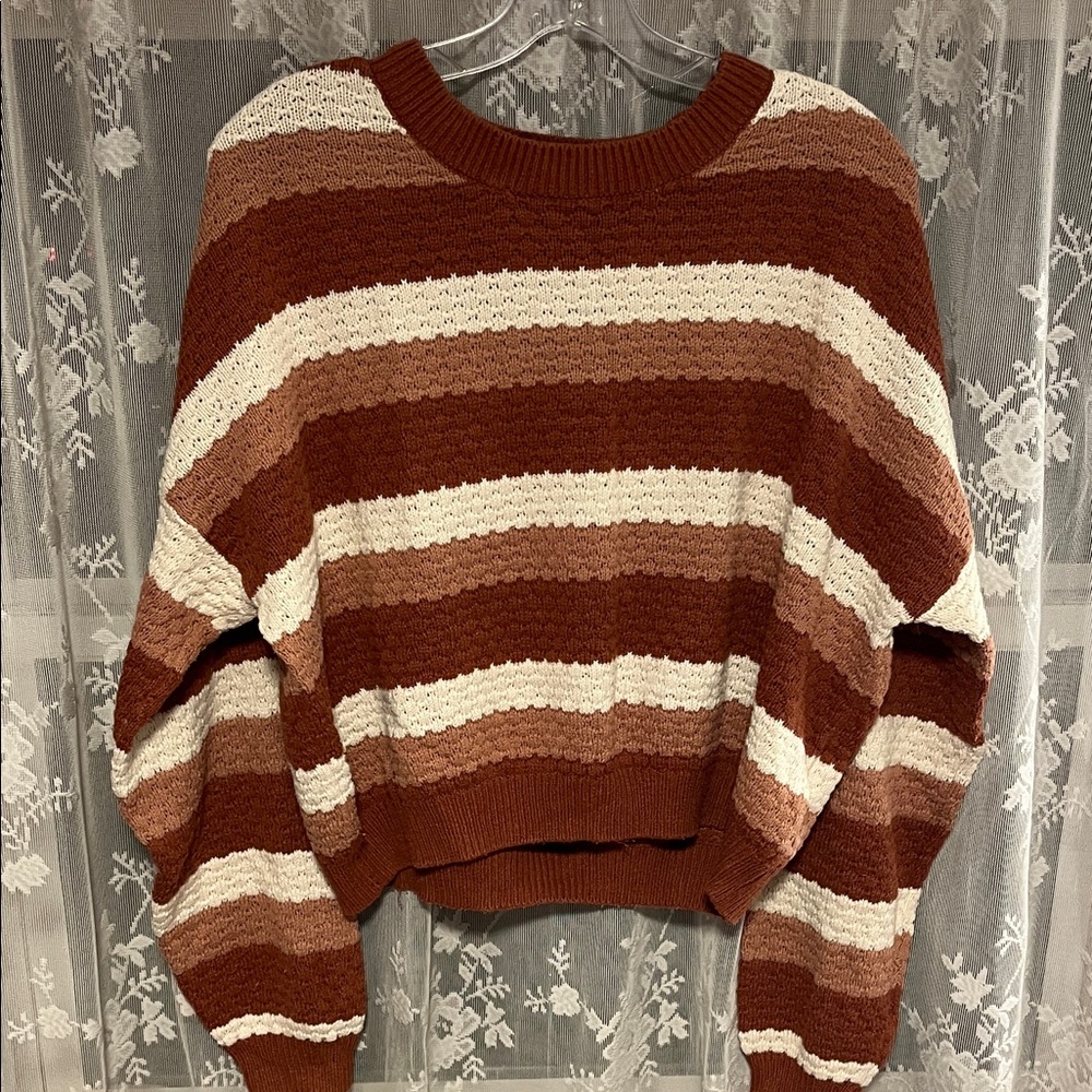 Hollister Striped Brown and Cream Women's Sweater